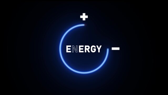 Energy text surrounded by a glowing blue neon circle with plus and minus symbols on a dark black background, for power concepts
