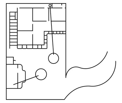 Abstract architectural floor plan line drawing with circular focal points
