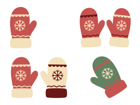Cute vector mittens with snowflake patterns and cozy winter designs for seasonal greeting cards and holiday graphics