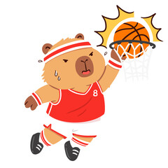 Funny capybara basketball player in red uniform scoring a dunk with sweat drops, flat design sports mascot character © Haririyat