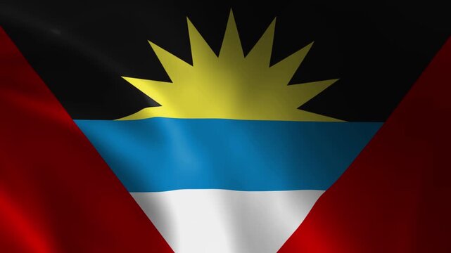 Waving Antigua and Barbuda flag with a red field and an inverted triangle holding a rising sun on black, blue and white bands, fluttering in the wind, full HD 5 second seamless loop animation