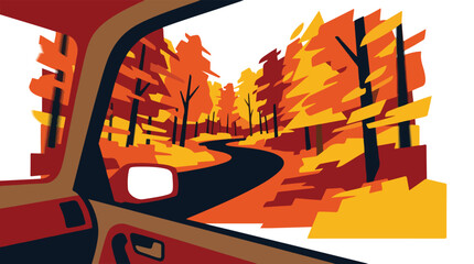 Fototapeta premium A cinematic POV driving shot, looking out the side window of a car at a winding autumn forest road, fast-moving stylized trees in warm orange and red hues, flat vector illustration, minimalist