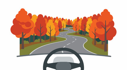 Fototapeta premium A flat vector illustration depicting a POV driving perspective on a winding autumn forest road, looking past a minimalist unbranded steering wheel, colorful stylized fall trees in shades of