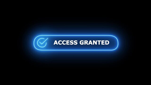 Neon glowing access granted sign with check mark performing security approval in tech setting with transparent background.
