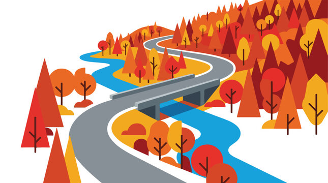 Flat vector illustration, high-angle cinematic perspective of a winding road crossing a minimalist bridge over a stylized blue river in an autumn forest, geometric orange and red trees,