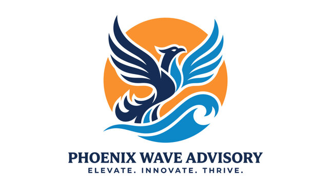 Phoenix Wave Advisory Logo Design Featuring Mythical Bird and Ocean Wave.