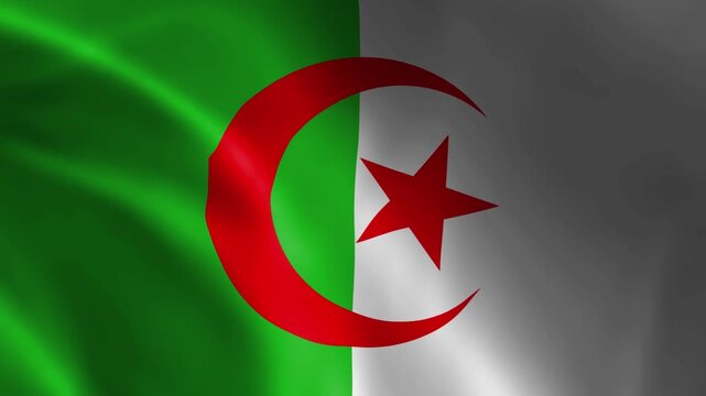Waving Algeria national flag with green and white vertical halves and a red crescent enclosing a red star, fluttering in the wind, full HD 5 second seamless loop animation