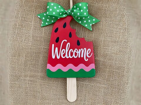 Wooden watermelon popsicle shaped welcome sign decorated with green polka dot ribbon