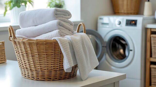 Wicker laundry basket filled with freshly washed white towels sitting on a table with a washing machine in the background