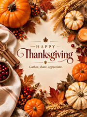 Fototapeta premium Beautiful flat lay arrangement for thanksgiving featuring pumpkins fresh berries golden wheat and fragrant cinnamon sticks creating a cozy autumn scene