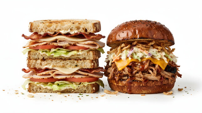 A premium gourmet club sandwich paired with a barbecue pulled pork sandwich standing close together placed on a white isolated background