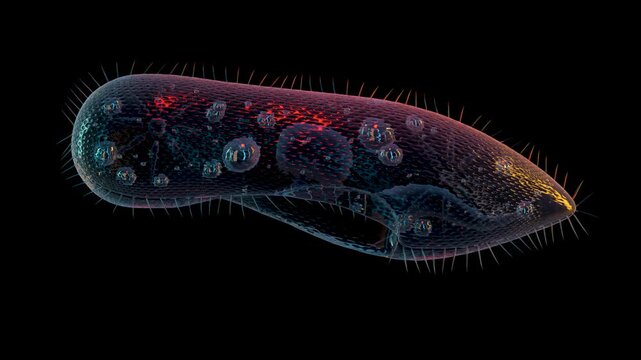 Clear, colored paramecium mockup turns using the movement of its cilia. 3d animation isolated on black