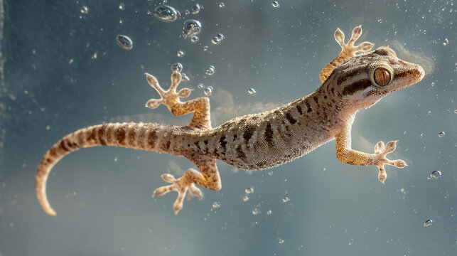 Detailed brown gecko with textured skin clings tightly to a clear glass surface during daylight hours
