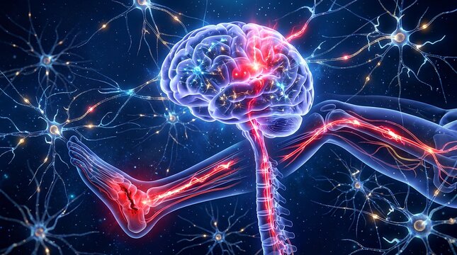 Anatomical brain and central nervous system with glowing nerves.