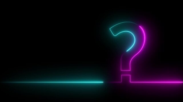 Glowing neon Question mark sign along with rectangle frame on black background. Quiz game competition. Glowing large advertisement in concept animation. 