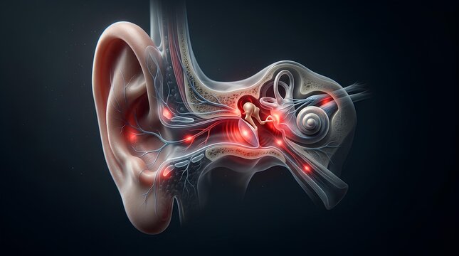 Anatomical illustration of human ear internal structure on black.