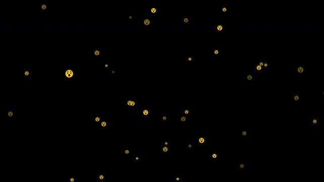 Animated surprised face emoji icons floating and drifting in space, scattered yellow reaction symbols for social media, digital communication, comments, messaging, viral content, alpha channel