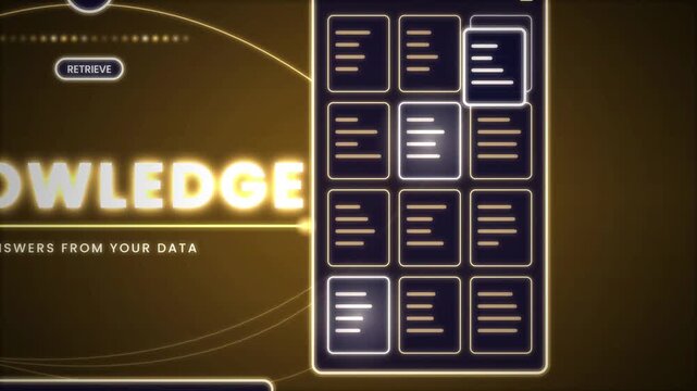 AI knowledge base information retrieval animation on dark background for document search data library and artificial intelligence answers