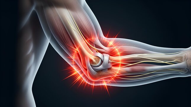 Anatomical illustration of human elbow joint with nerve pain.