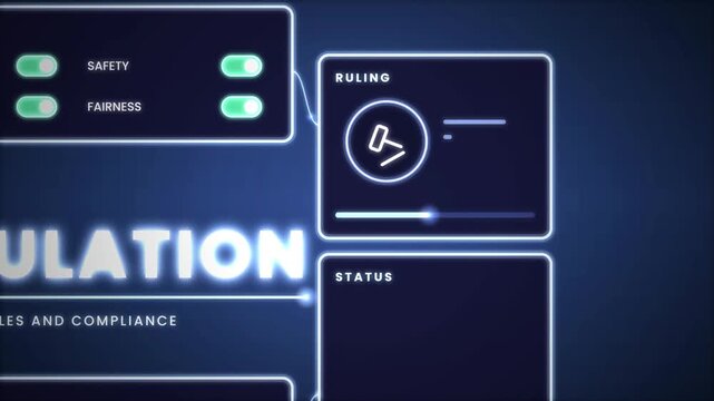 Artificial intelligence regulation rules and audit trail animation on dark background for AI law compliance policy and responsible technology