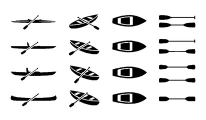 Black Rowing Boat and Paddle Silhouette Icon Set © Bhorot