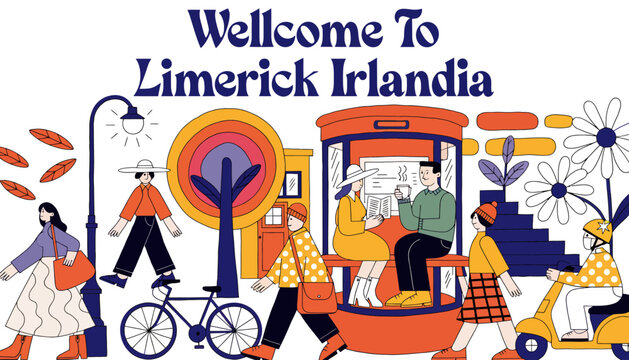 Limerick Ireland Cityscape People Street Scene Illustration Art
