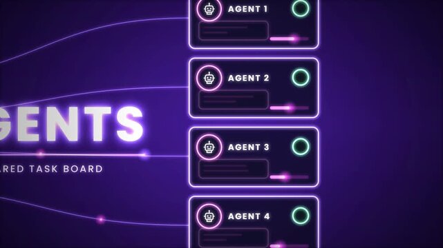 AI agents collaborating on shared task board animation on dark background for multi agent automation teamwork and autonomous workflow