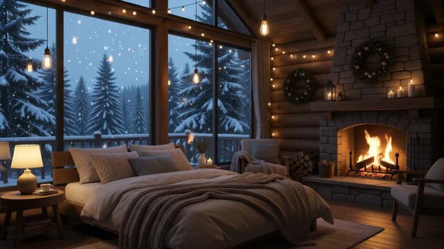 Cozy warm bedroom with fireplace and snowy mountain forest window view virtual backgrounds loop animation for stream overlay, meditation, smooth jazz or white noise video