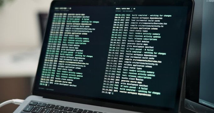 Laptop, screen and coding in office for programming, command and system analysis for cybersecurity. Display, tech and code in workplace with python script, testing database and debugging of software