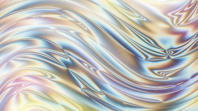 Iridescent liquid waves with smooth gradients in soft metallic colors create bright flowing light patterns suitable for backgrounds and design projects.