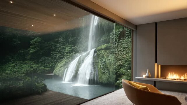 Modern room with large window overlooking tropical waterfall green forest virtual backgrounds loop animation for stream overlay, meditation, smooth jazz or white noise video