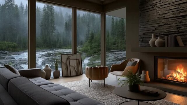 Modern living room with fireplace and forest mountain winter view virtual backgrounds loop animation for stream overlay, meditation, smooth jazz or white noise video