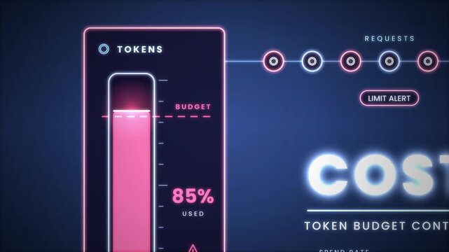 AI token usage cost meter and budget tracking animation on dark background for language model API pricing and consumption monitoring