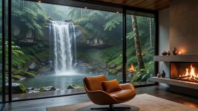 Modern room with fireplace and waterfall forest view orange armchair virtual backgrounds loop animation for stream overlay, meditation, smooth jazz or white noise video