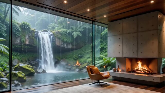 Industrial concrete room with fireplace and tropical waterfall forest view virtual backgrounds loop animation for stream overlay, meditation, smooth jazz or white noise video