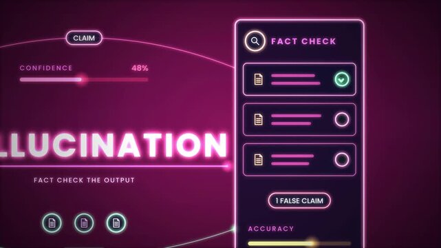 AI hallucination fact checking output accuracy animation on dark background for chatbot error detection and misinformation verification