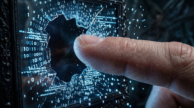 Finger touching a shattered digital screen with binary code