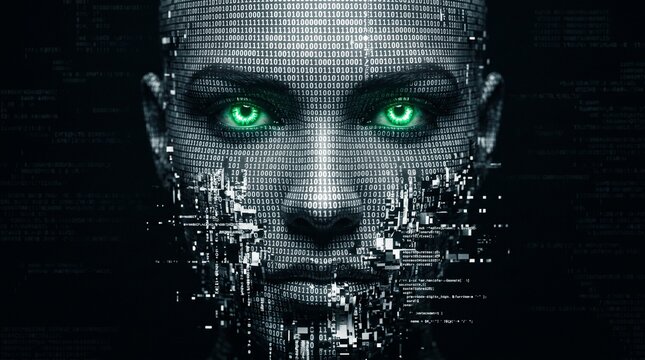 Human face formed by binary code with glowing green eyes