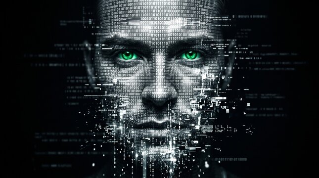 Human face emerging from digital binary code and data streams