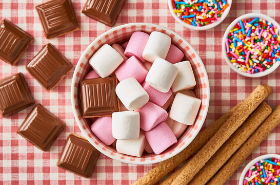 Bowl of mini marshmallows with chocolate pieces and biscuits on pink check fabric