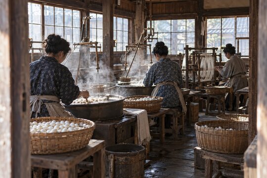 Meiji Workers Reeling Silk from Cocoons in a Rural Workshop