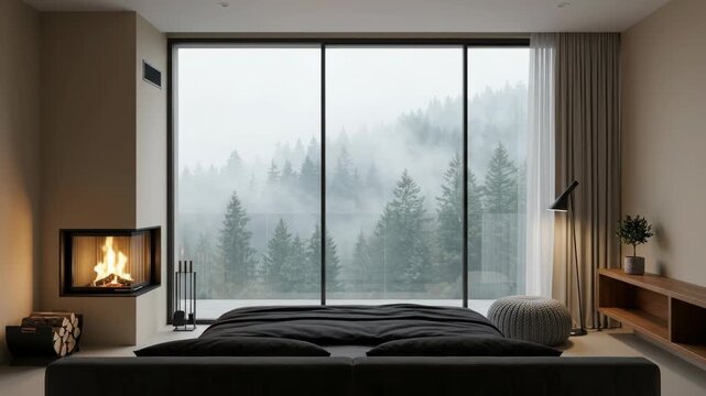 Minimalist bedroom with snowy foggy forest view and warm lamp in late afternoon virtual backgrounds loop animation for stream overlay, meditation, smooth jazz or white noise video