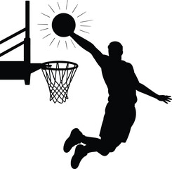 Silhouette of a basketball player performing a powerful slam dunk shot © Creative Prathona