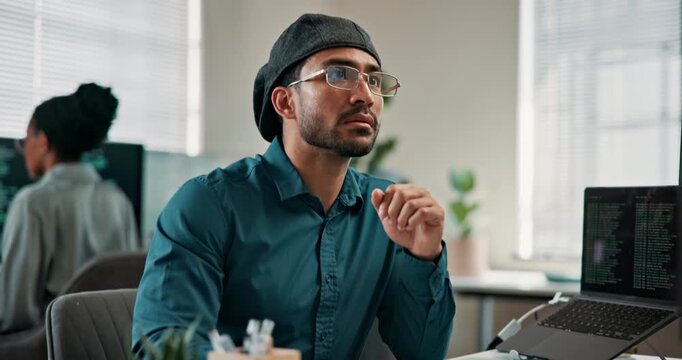 Man, coding and computer in office for programming, research and system login for cybersecurity. Person, reading and coworking in workplace with pc, testing script and backup for software encryption