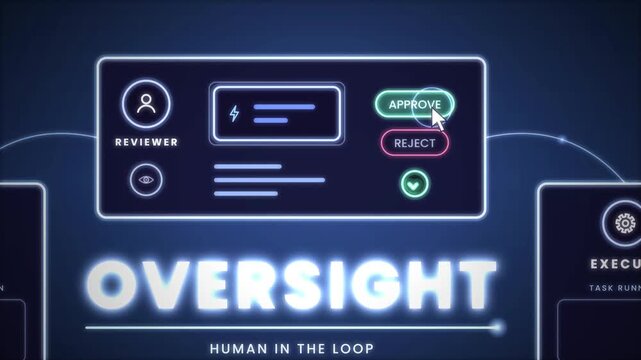 Human oversight of AI decisions with approve and reject review animation on dark background for human in the loop responsible AI