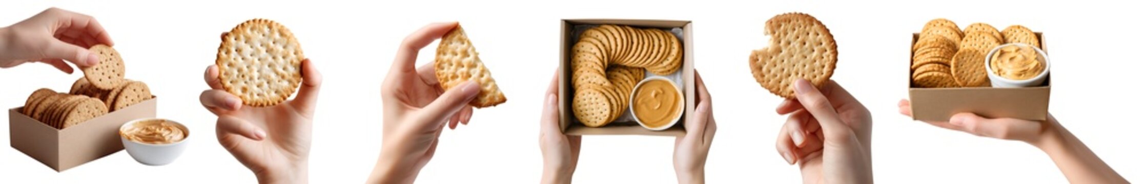 Set of hand holding circle round crackers biscuit, crispy flat baked thin snack staple food, takeout brown box with peanut butter dip, pile group stack bitten broken, transparent cutout PNG Mockup