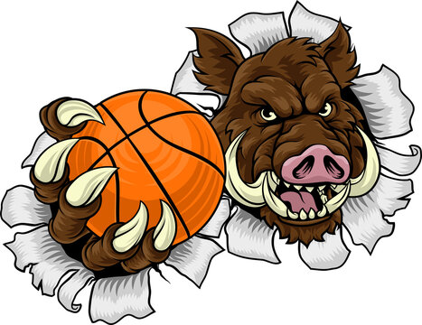 A wild boar, hog razorback warthog pig mean tough cartoon sports mascot holding a basketball ball