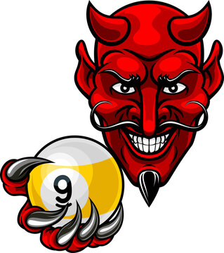 Devil nine ball pool billiards sports mascot holding a 9 ball cartoon illustration