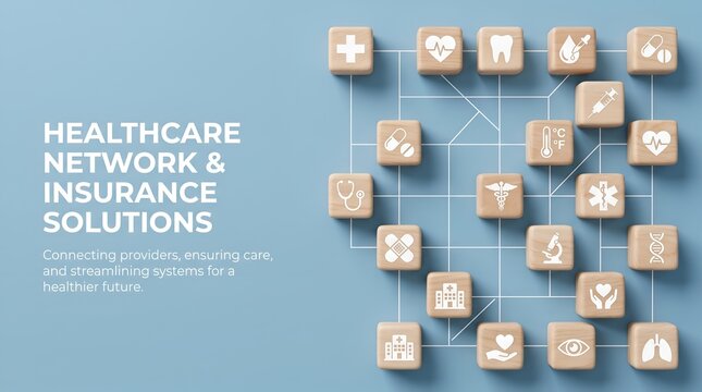 Healthcare Network And Medical Insurance Solutions Concept With Wooden Blocks And Typography