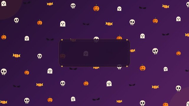 Halloween Animated Wavy Pattern with Pumpkins Ghosts Bats Candy and Skulls on Purple Background, Seamless 4K Festival Motion Graphic with Copy Space for Party Sale and Event Promotion